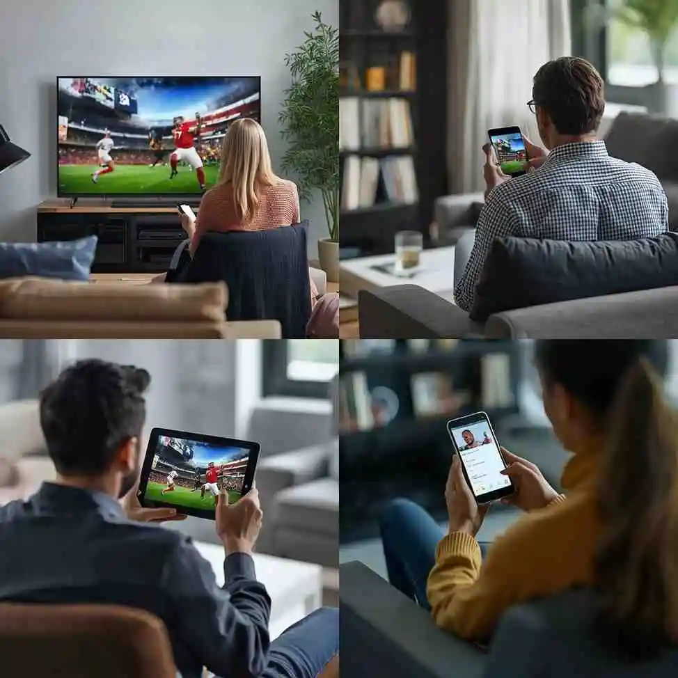 Interface moderne de i play iptv affichant des chaînes TV et du contenu en streaming sur différents appareils connectés