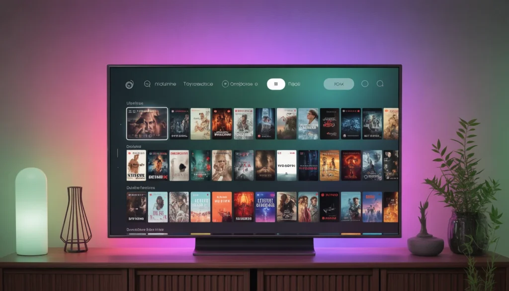 interface iptv nox pro affichée sur smart tv dans un salon moderne